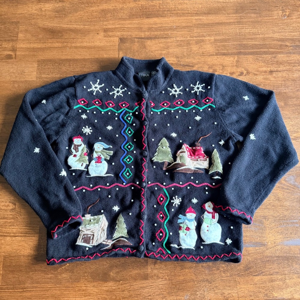 Erika Vintage Snowman Cabin Christmas Cardigan Sweater Black Ramie Cotton Med